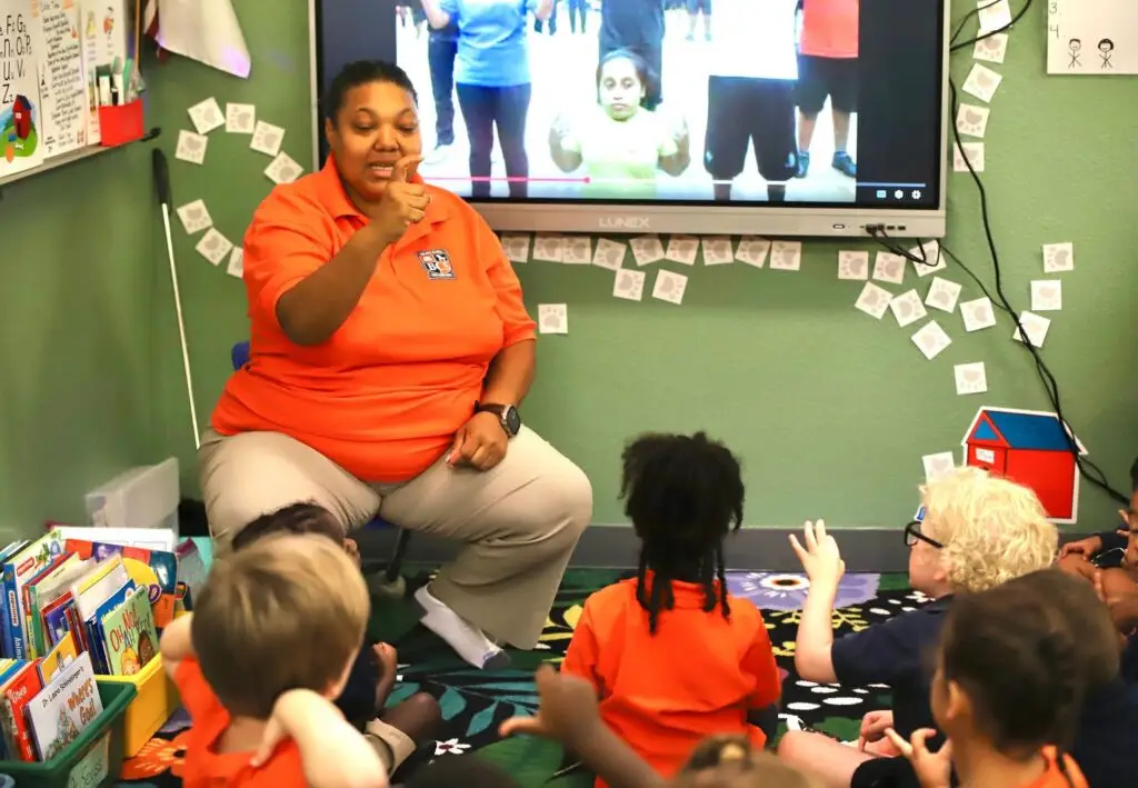 Teacher leading a small group of preschool children in an interactive classroom activity at Bethany Christian Preschool.